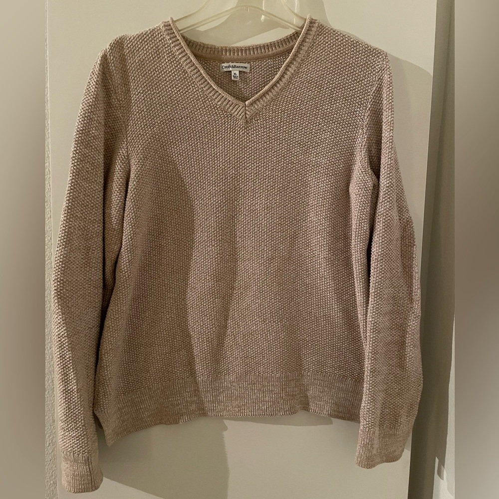 Croft & Barrow All Cotton Long Sleeve V Neck Cable Knit Sweater Tan